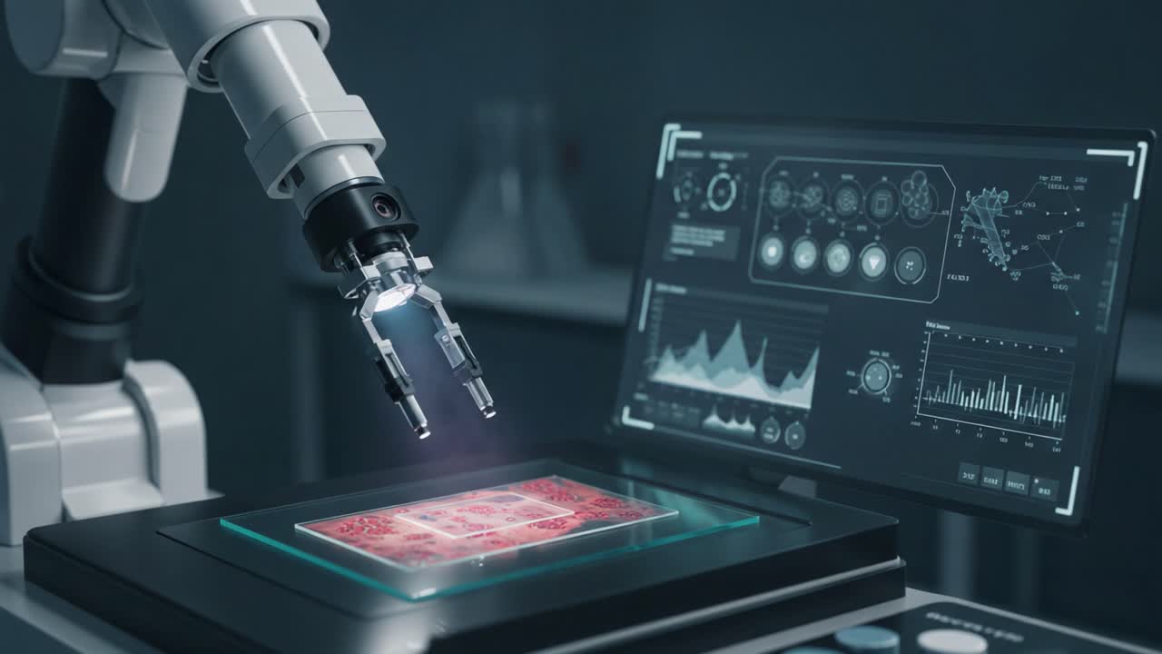 Advanced Robotic Arm Manipulating a Sample with Precision in a High-Tech Laboratory Environment Featuring Data Visualization and Monitoring Systems