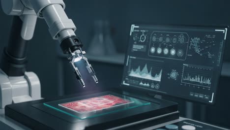 advanced robotic arm manipulating a sample with precision in a high-tech laboratory environment featuring data visualization and monitoring systems
