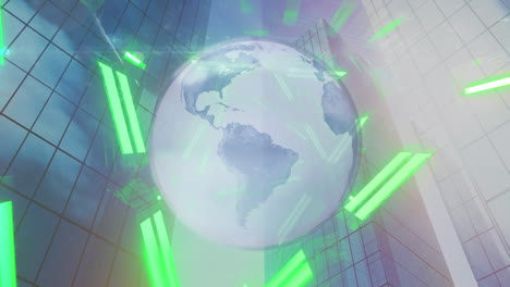 globo girando sobre un túnel brillante contra edificios altos