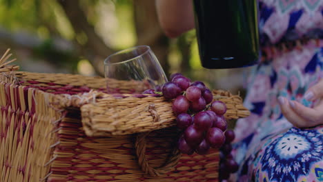 la chica escoge una botella de vino de una canasta cerca de la cámara lenta