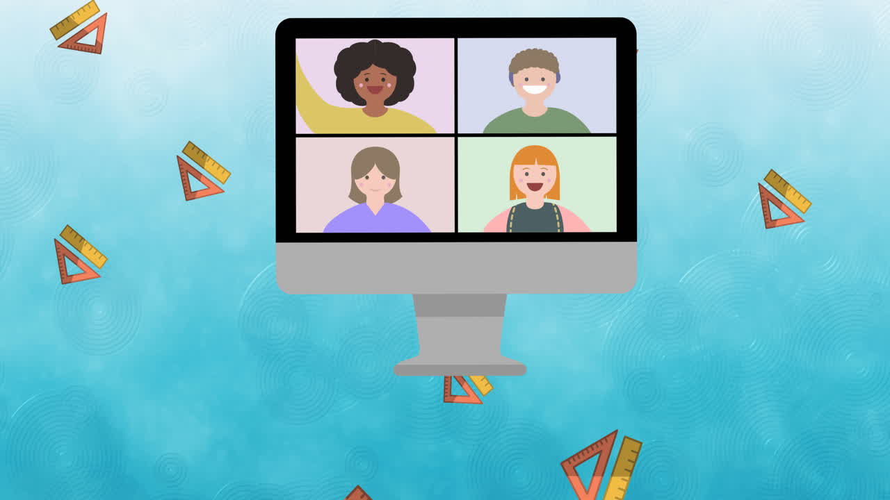 Animation of falling rulers and video call computer screen, on blue