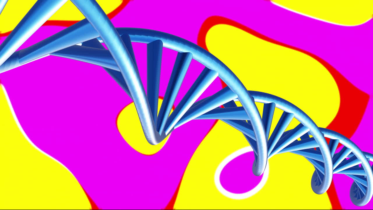 animación de cadena de adn sobre un fondo abstracto colorido con formas rosadas, amarillas y rojas