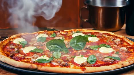 a delicious pizza with basil, tomatoes, and cheese