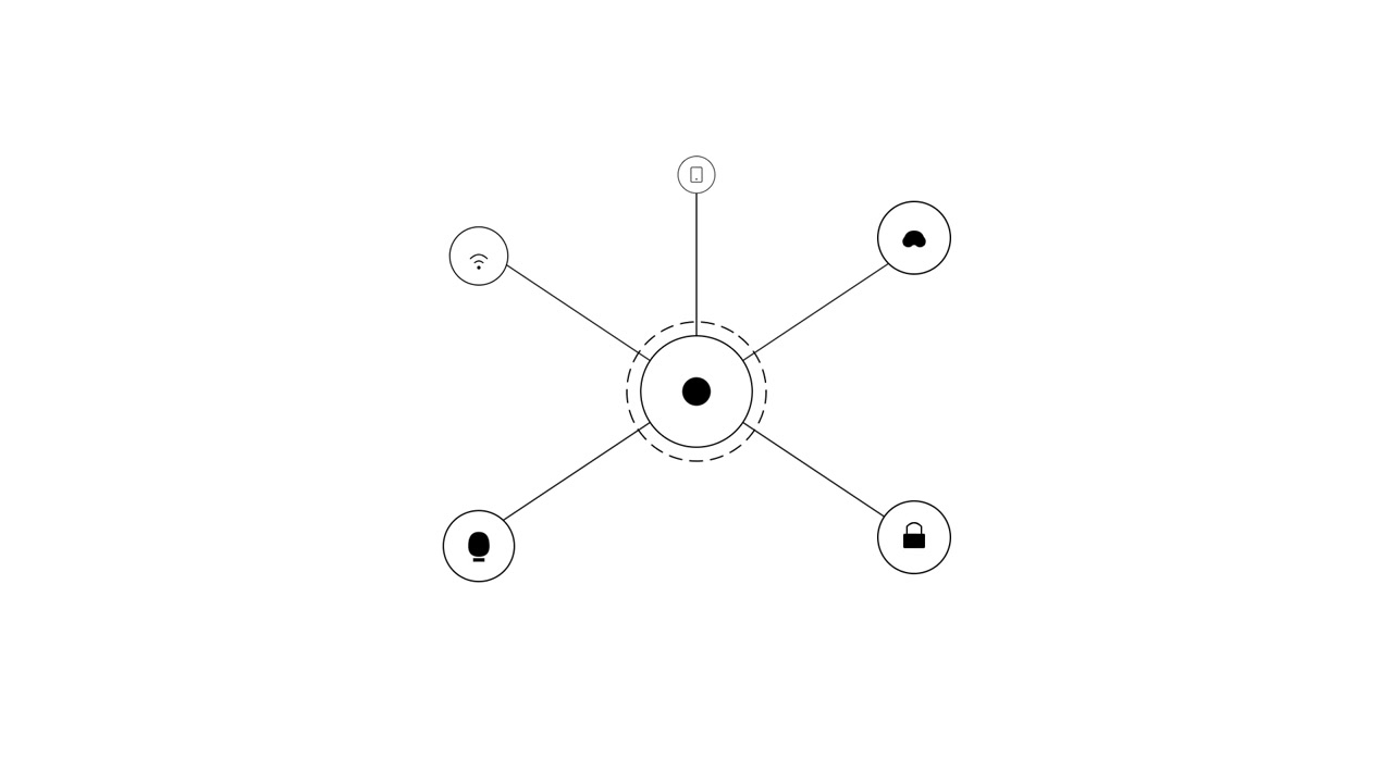 Diagramma animato di connessione di rete con icone tecnologiche