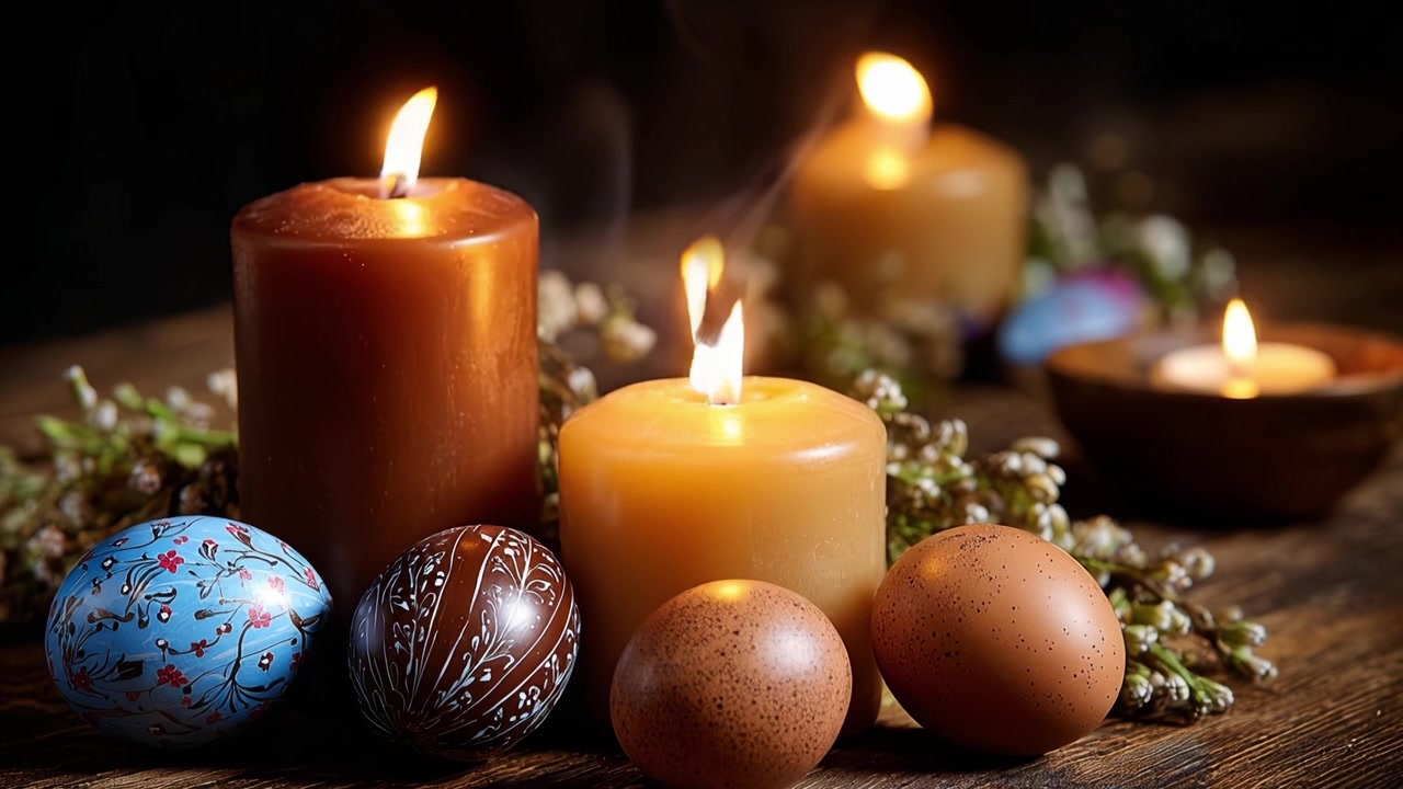 Flickering Candles and Decorated Easter Eggs on a Dark Wooden Surface