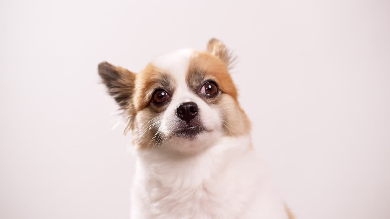video filmado cerca de un perrito feliz, un cachorro acostado en una alfombra rosa con una pared rosa en el fondo