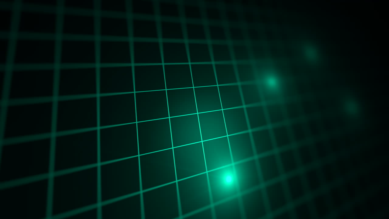 Glowing green electrodes flash across dark digital grid monitor