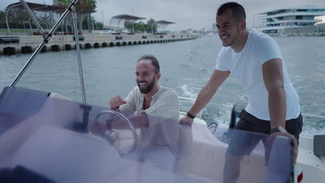 two friends enjoying a relaxing boat ride in a harbor