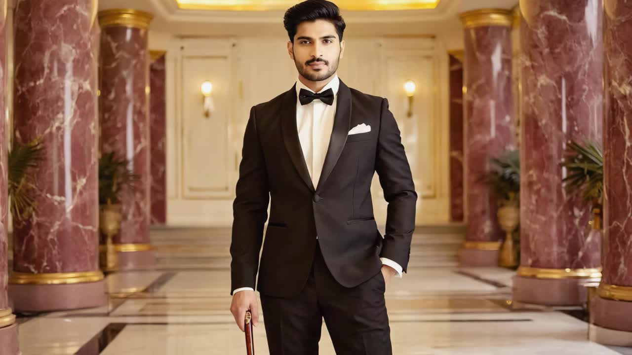 Man in Tuxedo Standing in Elegant Hallway