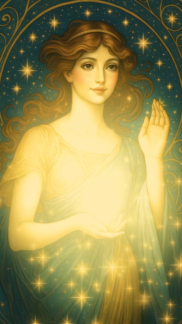 Etherische vrouw houdt gloeiende sterren vast in een hemelse Art Nouveau-stijl