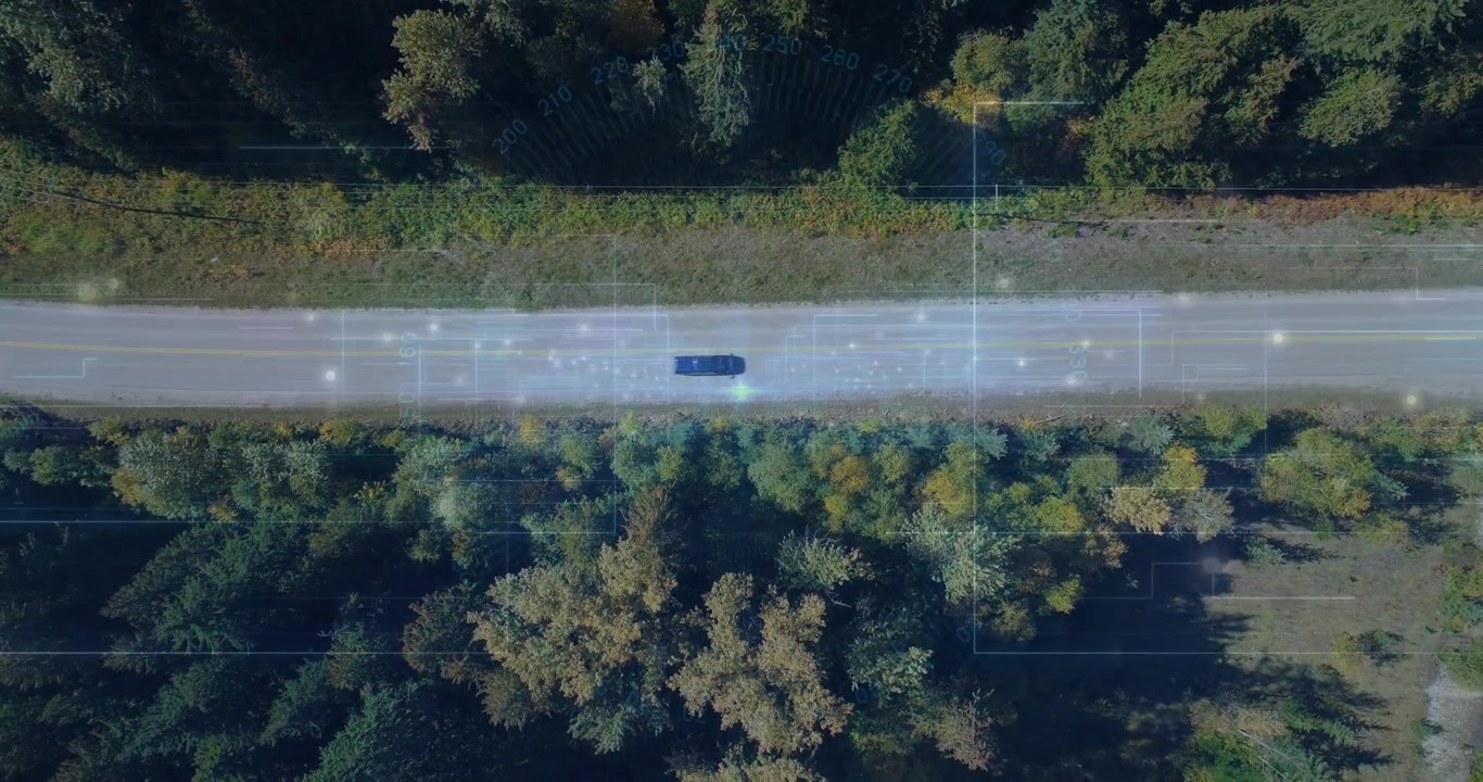 Abertura mostrando estrada vazia, sedã escuro entrando, viajando para a direita por um corredor arborizado para trânsito