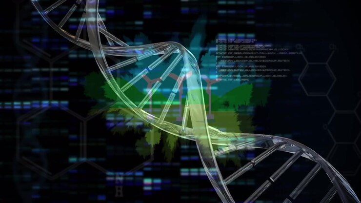 Animation of data processing and dna strand over wind turbines