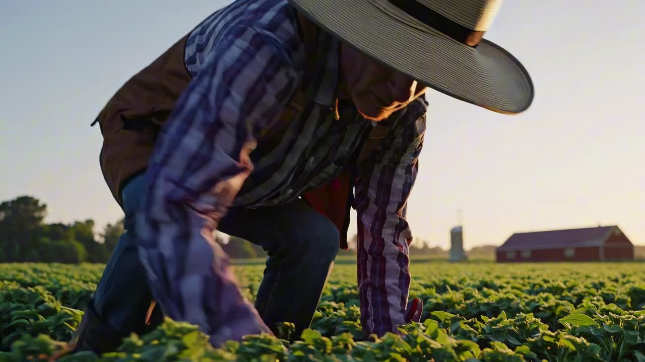 Toma de video en contrapicado de un agricultor con sombrero de ala ancha, capturando la serena luz del atardecer.