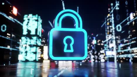 a visually striking digital lock symbol stands out against a futuristic urban backdrop, representing cybersecurity, digital protection, and information security in a technology-driven world