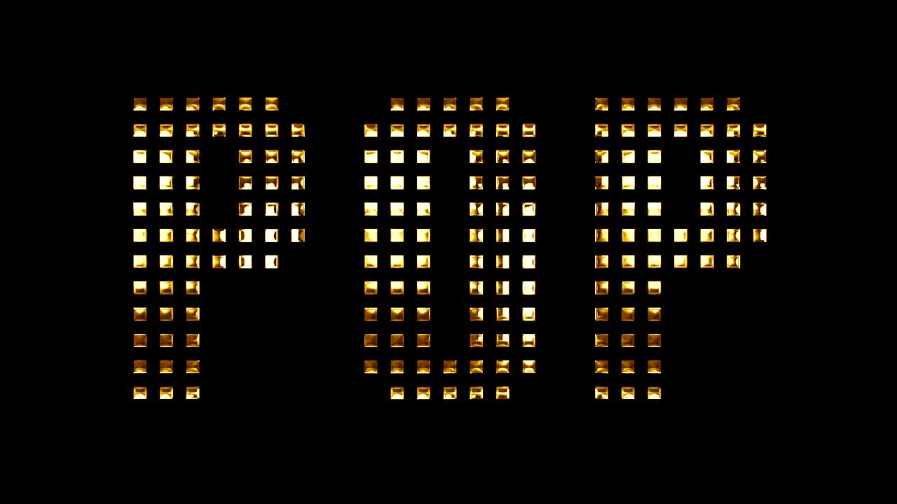 vintage yellow gold metallic pop word text with light reflex movement on black background, concept of golden luxury music disco pop concert entertainment