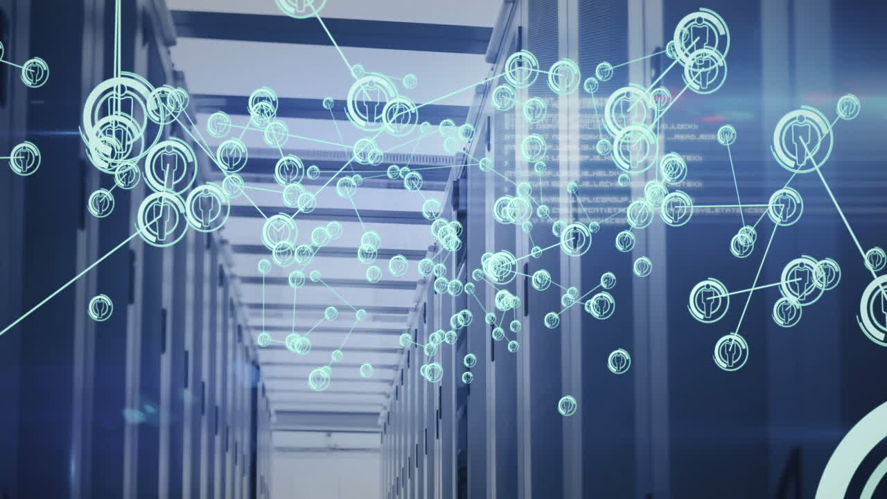 Futuristic data center corridor showing glowing network nodes overlaying server racks in 3D render