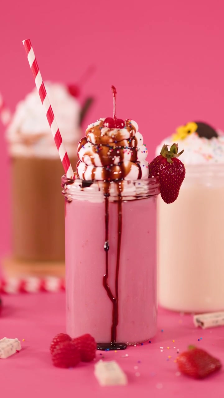 Frullato rosa alla fragola guarnito con panna montata, salsa al cioccolato, una ciliegia e codette colorate, su uno sfondo vivace.