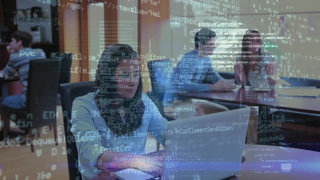 Animation of data processing over caucasian woman using laptop at cafeteria