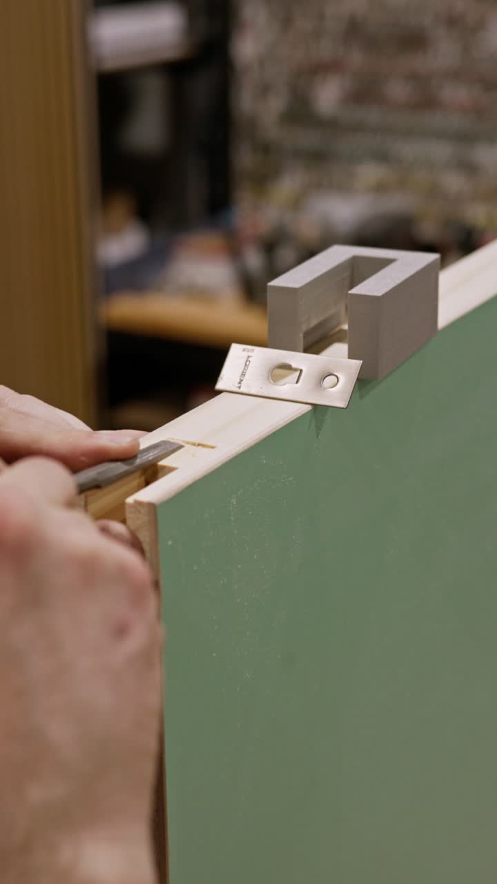 Primo piano verticale di un artigiano che intaglia e rifinisce con cura il bordo di un telaio di porta in legno per creare un incavo preciso per il montaggio della ferramenta