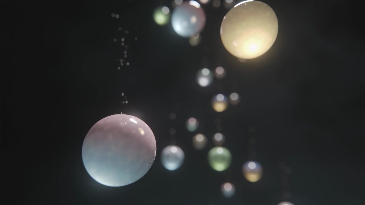 Grande sfera traslucida color pastello che fluttua in una vasca scura, reagendo a una scia di microbolle in risalita