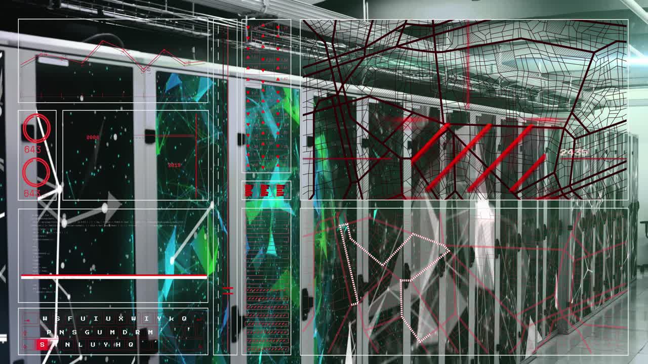 animación de la interfaz con el procesamiento de datos y las redes plexus contra la sala de servidores de computadoras