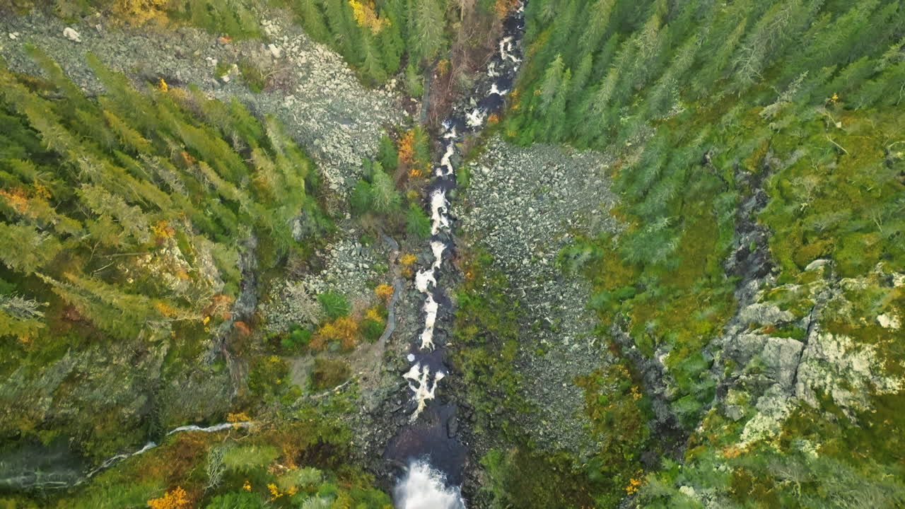 Bird's Eye View Over Waterfall And Swedish Forest During Autumn - Drone Shot