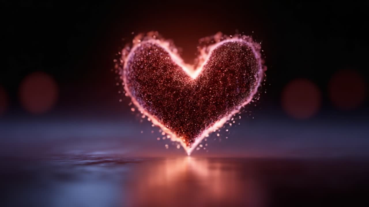 Glowing Heart Shape Created from Sparkling Particles Against a Dark Background, Emitting a Warm Glow and Radiating Love and Affection in a Dreamy Atmosphere