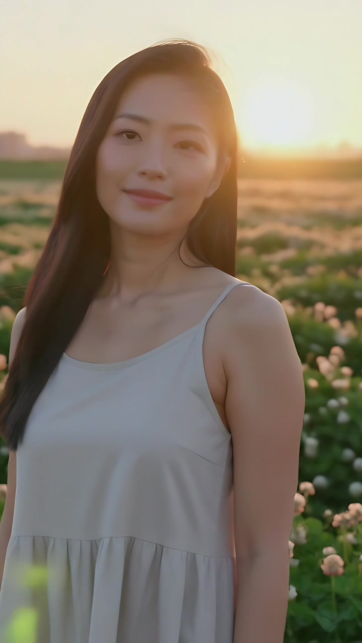 縦型動画：微笑むアジア人女性が夕日に反応し、白い草原で軽やかなドレスを着て首を傾げる。