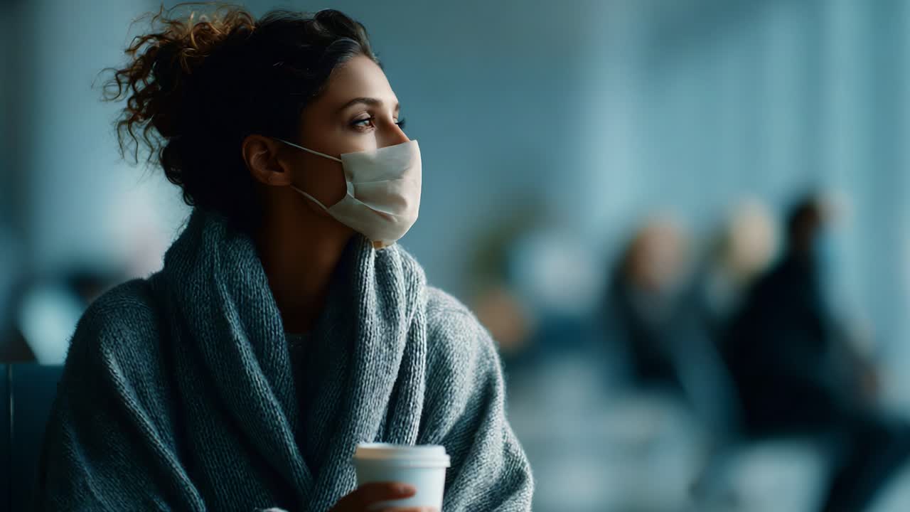 A contemplative young woman wearing a mask and wrapped in a cozy blanket gazes thoughtfully while holding a cup, embodying a moment of reflection in a public space