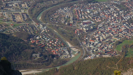 the bavarian alpine town of bad reichenhall view from the predigtstuhlbahn cable car in germany. pov shot