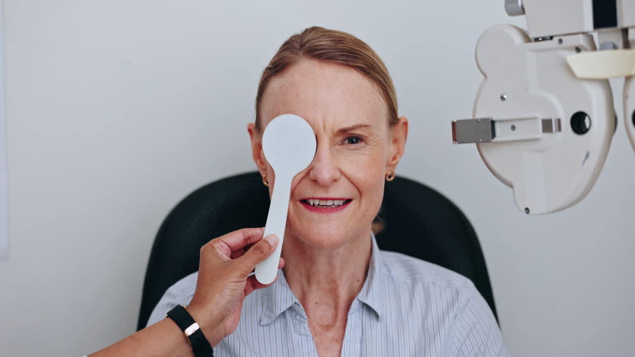 Eye exam, face and optometrist cover woman vision