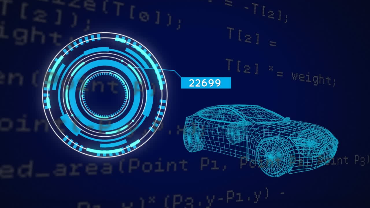 animación de escáner redondo de neón y procesamiento de datos sobre modelo de coche 3d contra fondo azul.