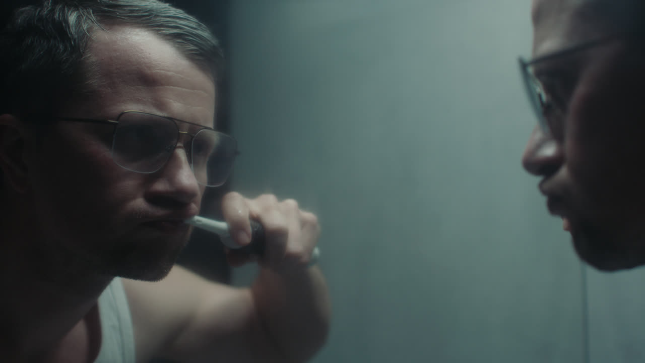 A sad man in the bathroom during his morning routine