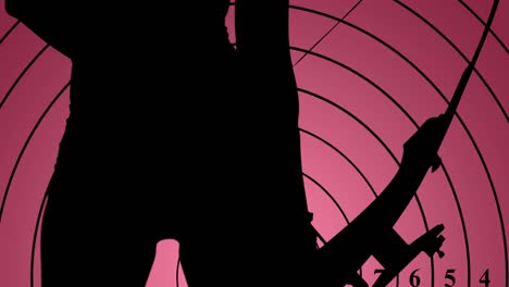 animation of target and silhouette of female archer holding bow on pink background