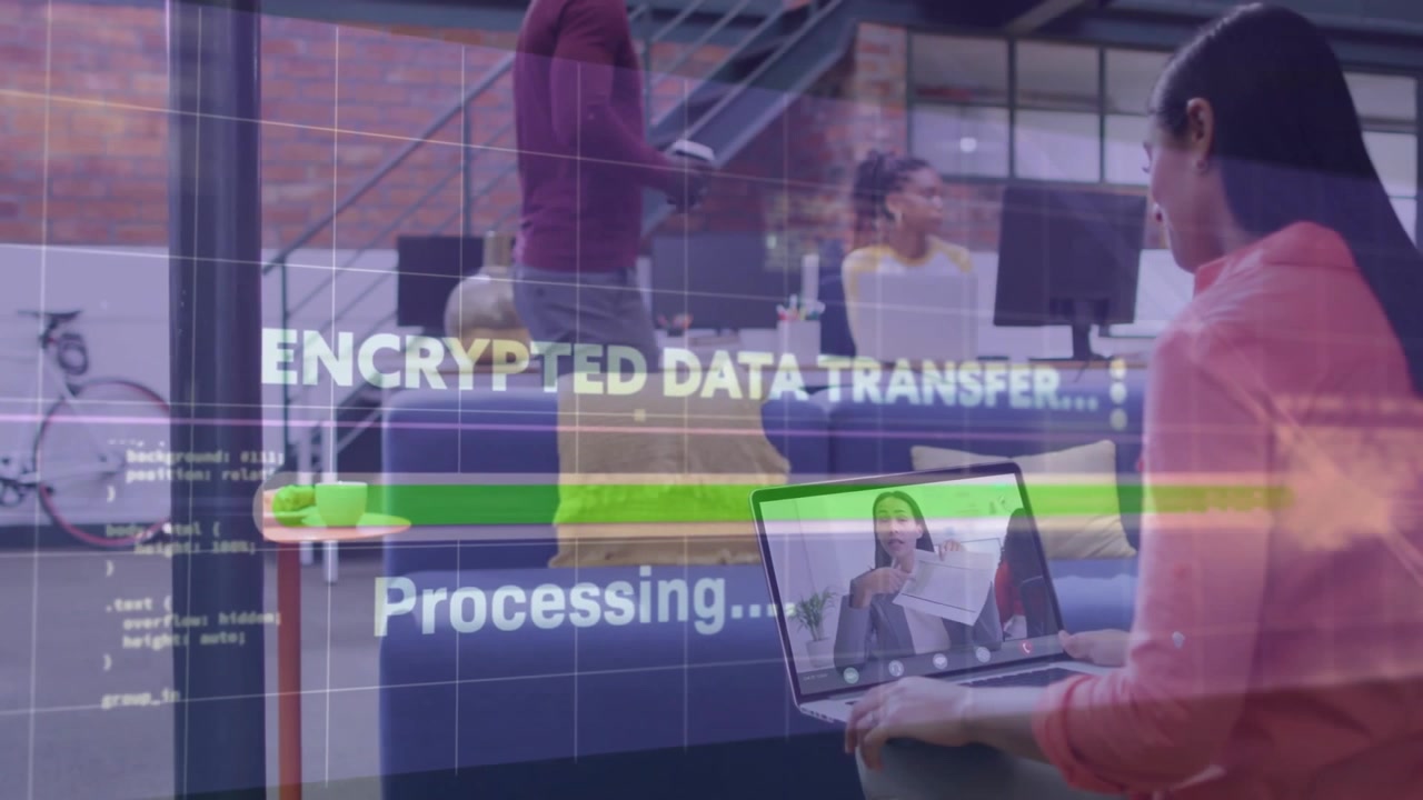 Woman using laptop initiating overlay filling progress bar for secure data as coworker walks past