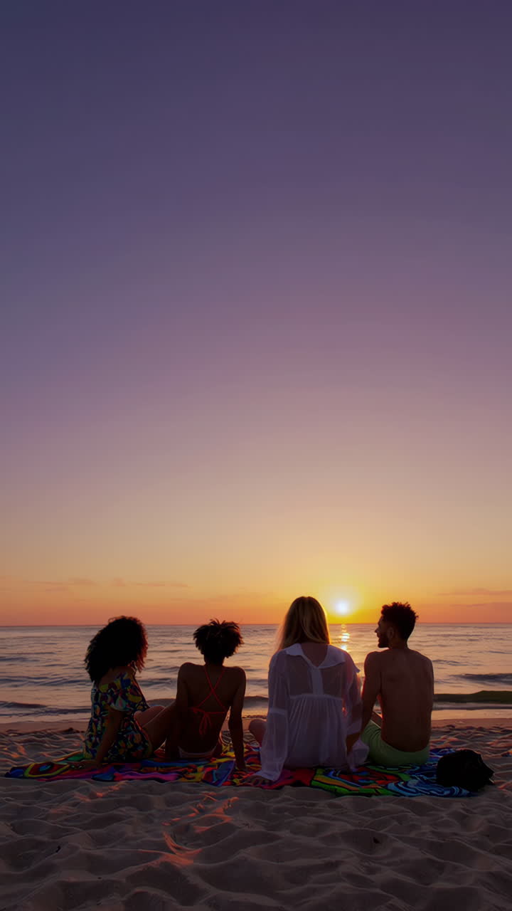 Amici che si godono il tramonto sulla spiaggia