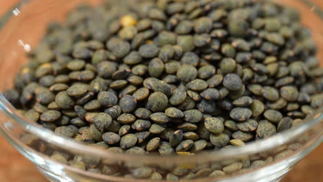 french or green lentils in a glass bowl and ready to use - close up panning view