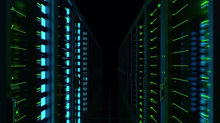 Slow Ascending View of Data Center Computer Servers Processing Digital Information Behind Glass Doors. IT Infrastructure Running Apps and Services Online for AI. 3D Technology Animation