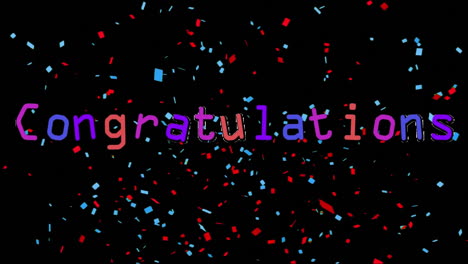 congratulations text animation over red and blue confetti on black background