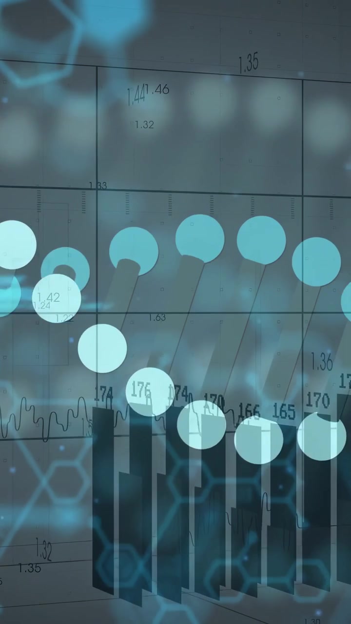 Vertical video: Cyan code focusing, UI animating nodes and bars, waveform tracing trend on hex grid