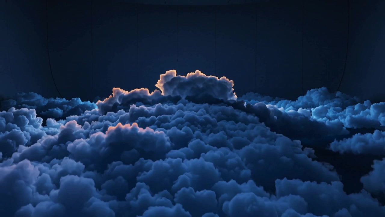 Pushing camera revealing volumetric cloud banks at twilight to reveal warm rim light tracing crests