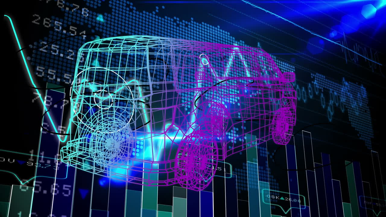 Animation of data processing and digital car over black background