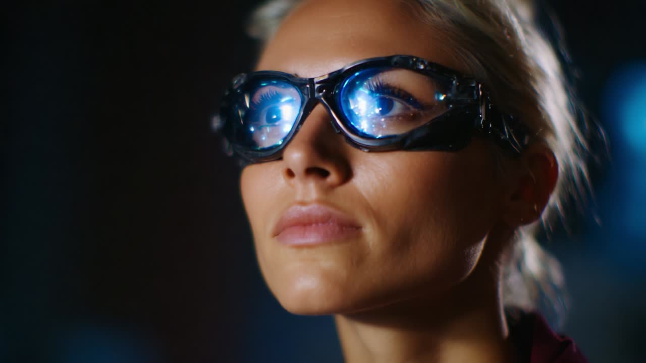 A focused gaze through high-tech glasses illuminates vibrant blue light, showcasing a futuristic design that enhances the viewer's vision and transports them into an adventurous realm of exploration and discovery