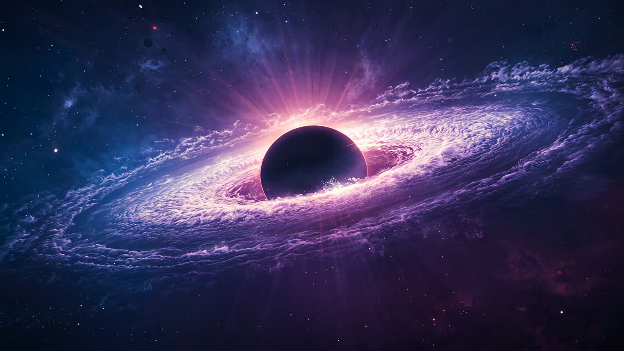Rays brightening behind dark sphere as purple gas disk spiraling inward in space, camera zooming in