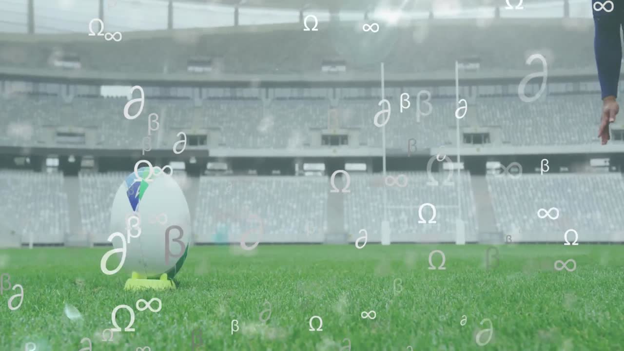 혼성 인종 남성 럭비 선수 위에 떠다니는 수학적 기호의 애니메이션