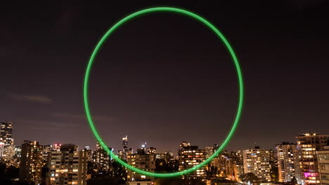 animation of flickering neon circle over cityscape