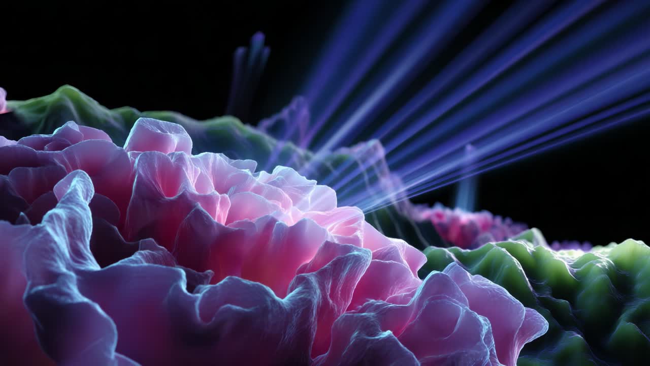 A mesmerizing display of colorful, glowing waves emerges from a vibrant landscape of intricate textures, showcasing the beauty of luminescent forms and dynamic lighting effects in a whimsical digital universe