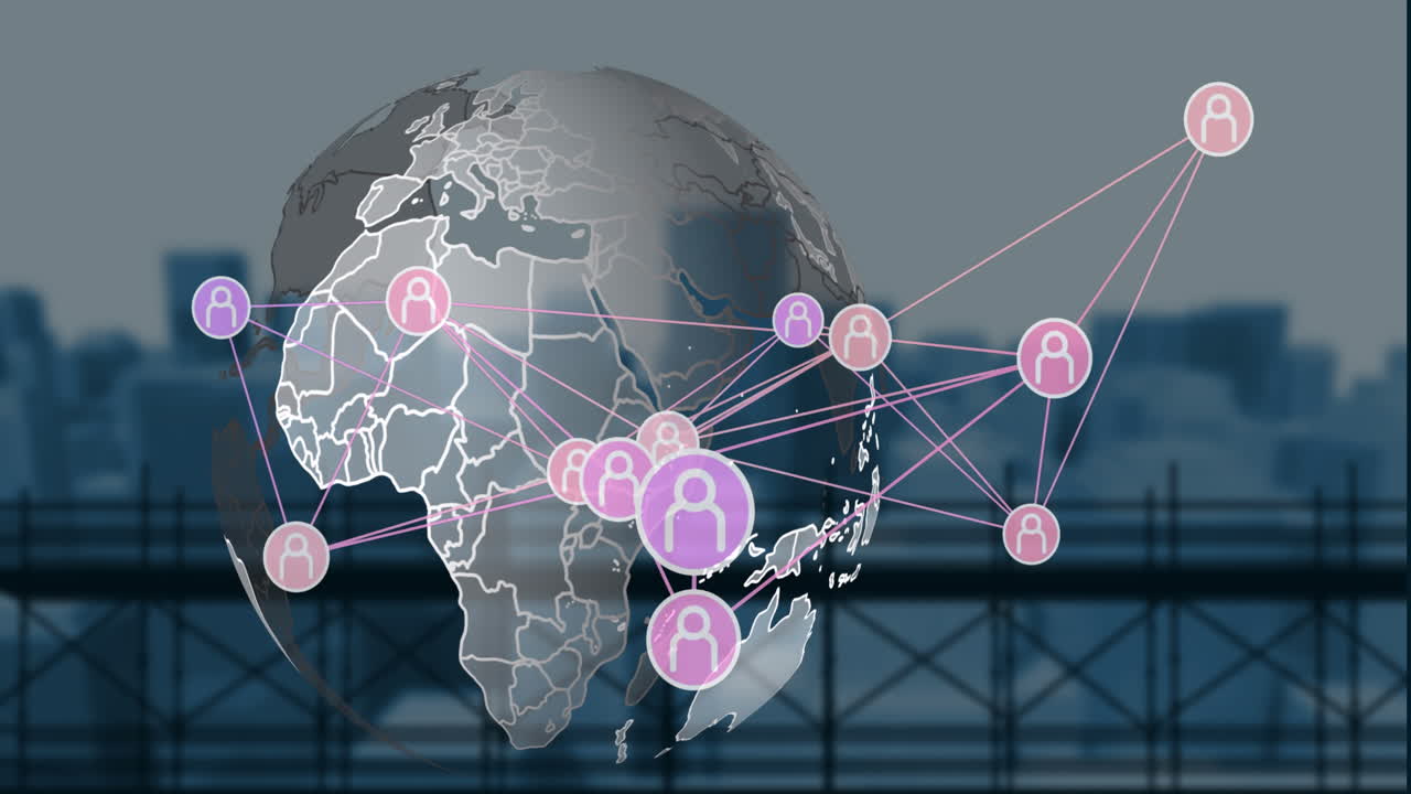 animación del globo con una red de conexiones e iconos sobre el paisaje urbano