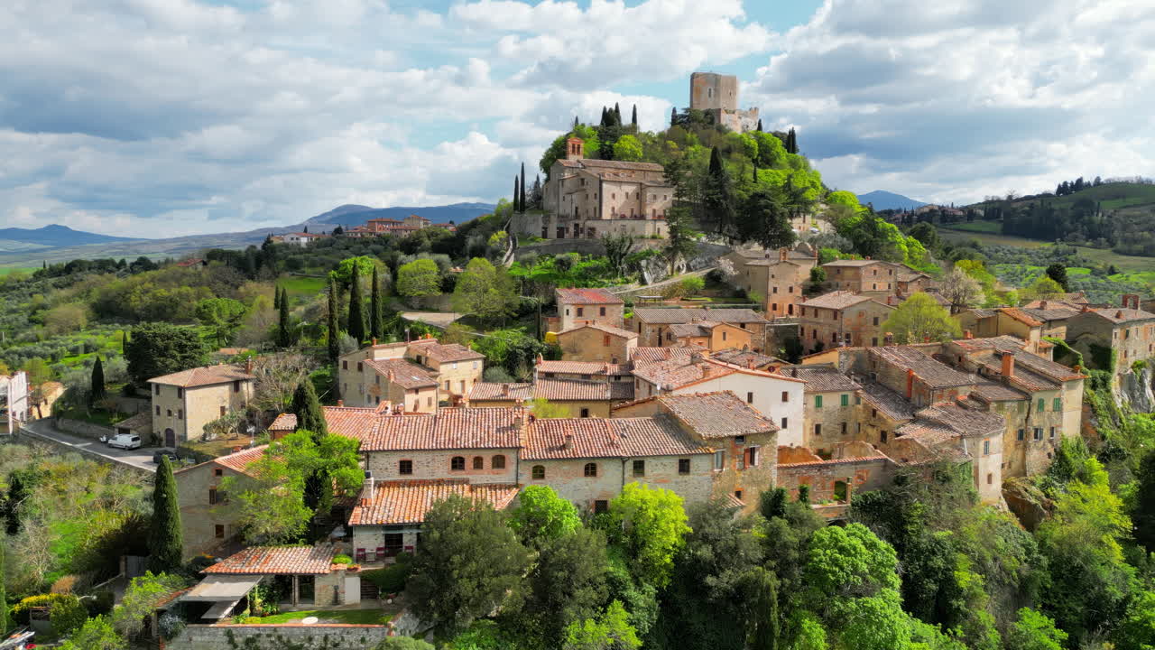 Aerial drone view of the Rocca d'Orcia village in Tuscany, central Italy