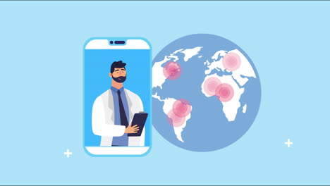 médico en el teléfono inteligente con partículas de covid-19 y el planeta tierra